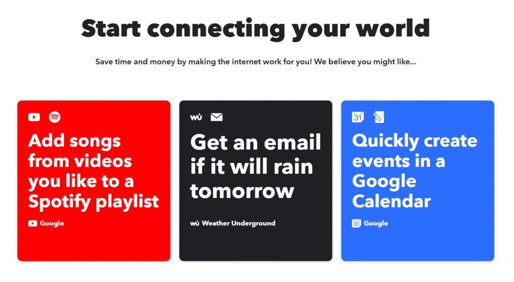 Cuadrícula de applets destacados mostrando automatizaciones visuales en la plataforma de IFTTT.