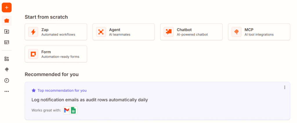 Panel de control principal mostrando las opciones de inicio rápido en Zapier.
