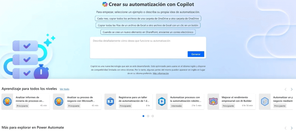 Pantalla de inicio en Microsoft Power Automate destacando la creación de automatizaciones mediante inteligencia artificial con Copilot.