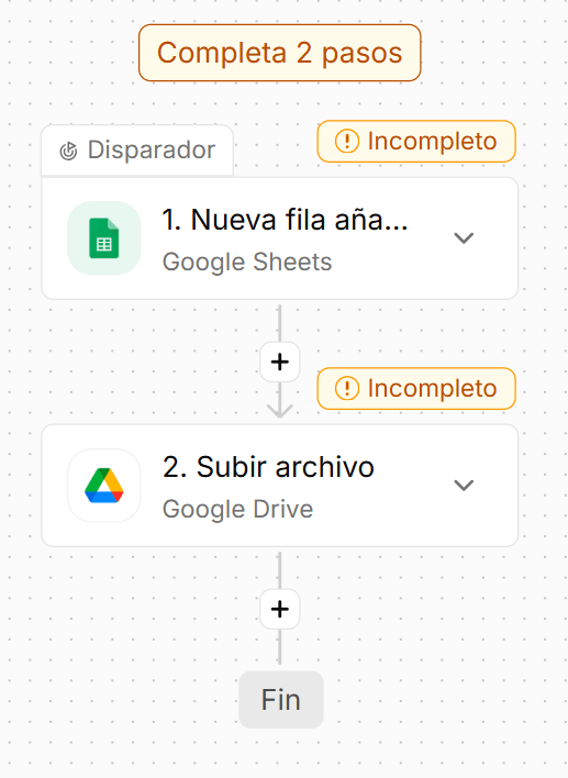 Editor visual estructurado por bloques conectando aplicaciones en la plataforma de Activepieces.
