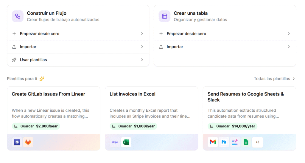 Panel de inicio mostrando plantillas de automatización y ahorro de costes en Activepieces para la comparativa Make vs Activepieces.