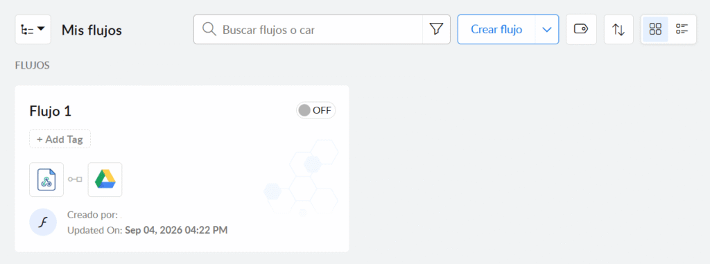 Panel de gestión de flujos de trabajo en Zoho Flow para la comparativa de Make vs Zoho Flow.